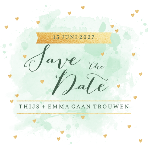 Save the date kaart trouwen aquarel hartjes tekst