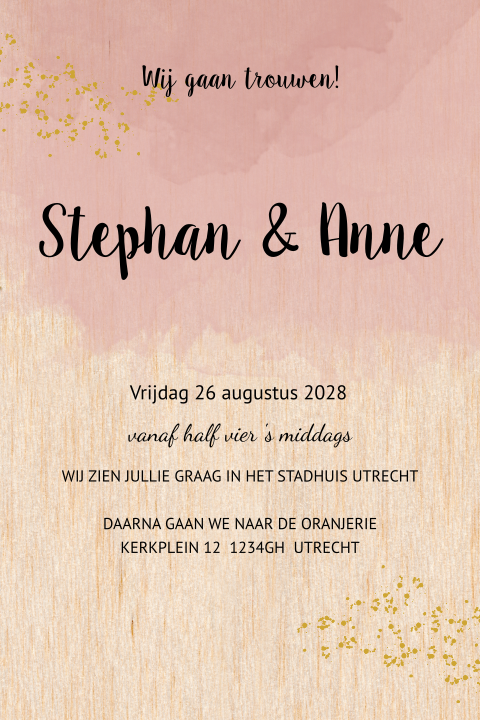 Trouwkaart met roze waterverf gedrukt op echt berken hout