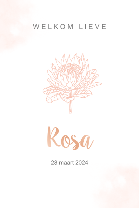 Hip geboortekaartje voor een meisje met bloem in echt folie druk