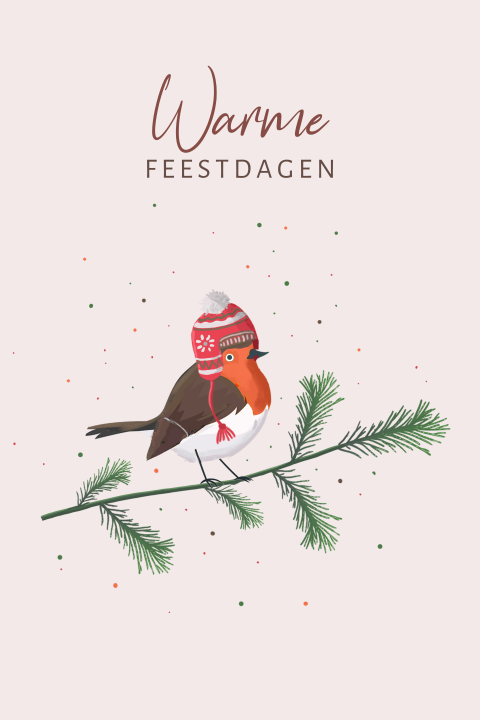 Kerstkaart vogel met muts en tak