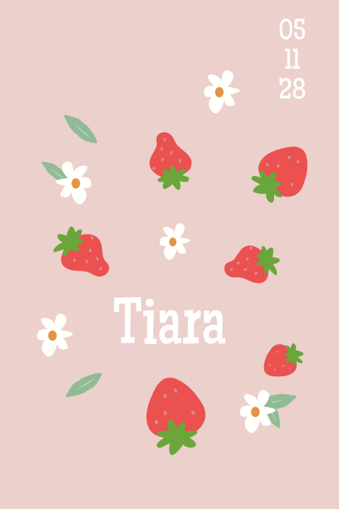 Zomers meisjes geboortekaartje met aardbeien en bloemetjes