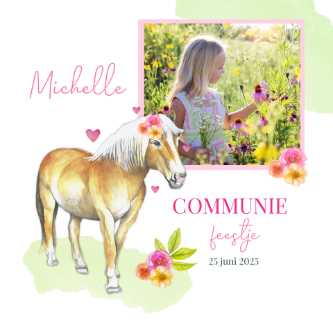 Uitnodiging eerste communie met paard en bloemen