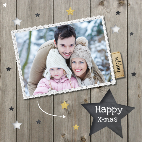landelijke kerstkaart met hout, krijt ster en eigen foto