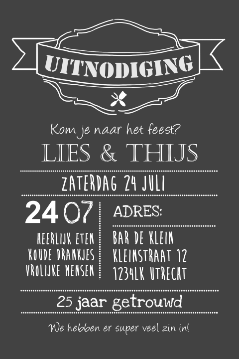 Uitnodiging 25 jaar getrouwd krijtbord strak met aanpasbare tekst