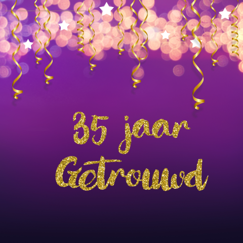 Moderne uitnodiging 35 jarig jubileum paars met slingers