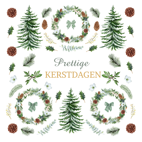 Kerstkaart met krans en kerstbomen