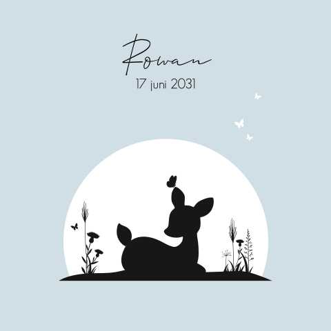 Lief silhouet geboortekaartje met hertje en vlinder voor een jongen