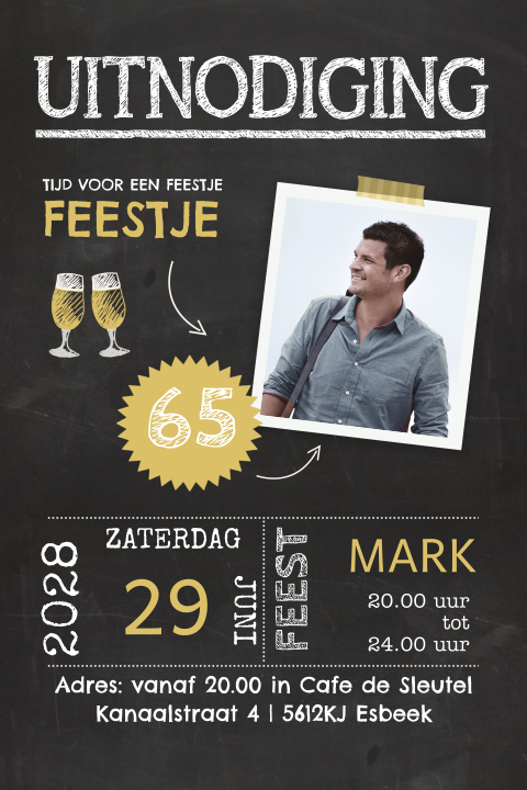 Verjaardagsuitnodiging 65 verjaardag krijtbord recht