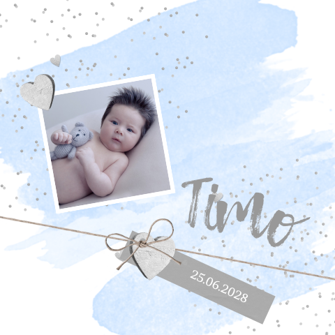 Geboortekaartje aquarel foto label hartjes blauw