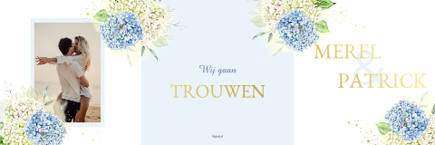 Trouwkaart drieluik hortensia's goudfolie