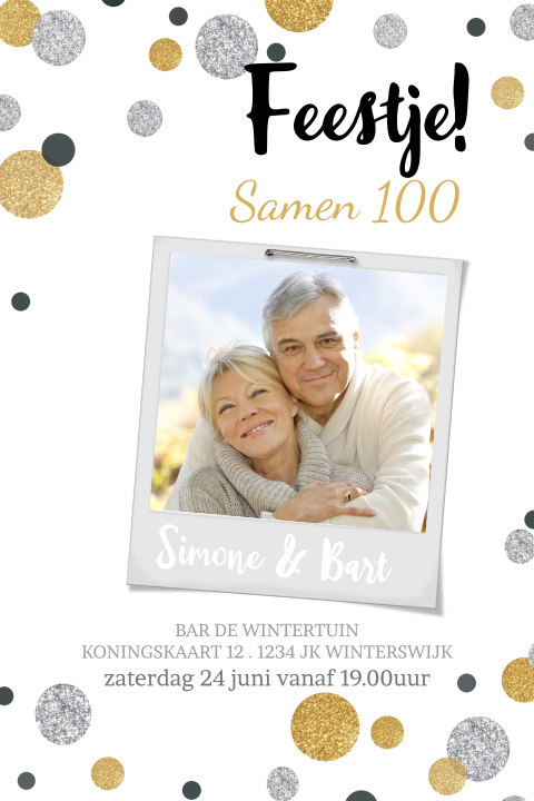 Uitnodiging dubbel feest met confetti in zilver en goudlook met foto
