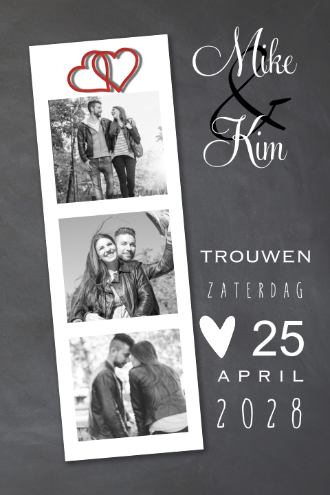 Moderne trouwkaart met krijtbord en fotostrip