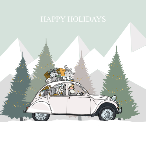 Kerstkaart met witte citroen 2CV auto op reis