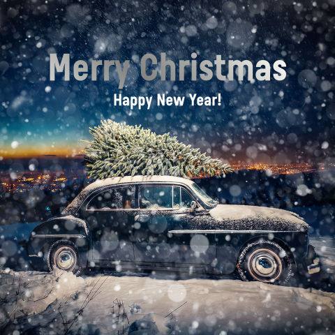 Kerstkaart oldtimer in de sneeuw