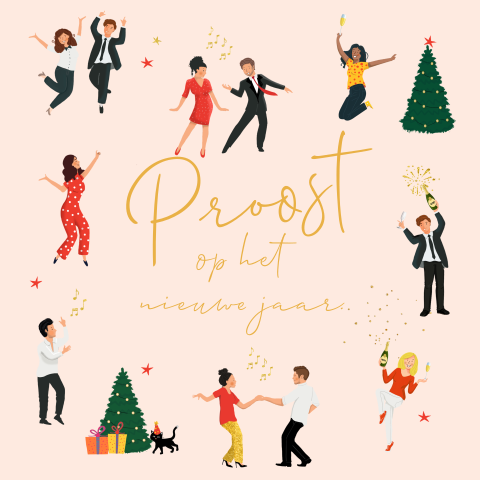 Leuke kleurrijke kerstkaart met poppetjes en glitters