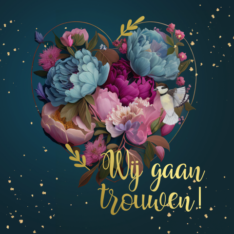 Trouwkaart met bloemen krans en hart