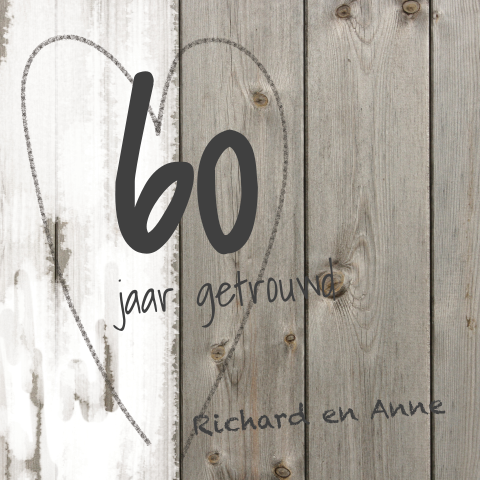 Uitnodiging wit geverfd hout en getekend hart 60 jaar huwelijk
