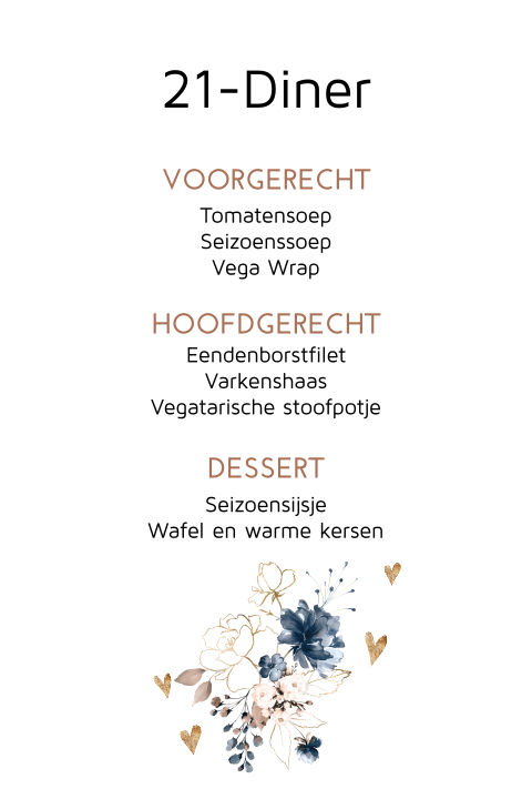 Menu kaart 21 diner met bloemen blauw pastel en goud