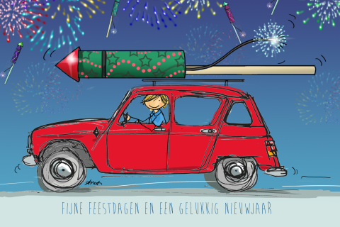 Witte getekende kerstkaart met auto Renault 4 