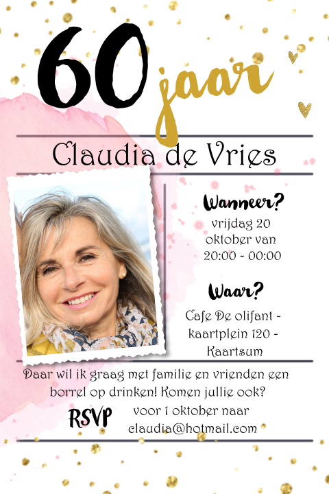 Uitnodiging 60 jaar verjaardag vrouw met roze confetti en typografie