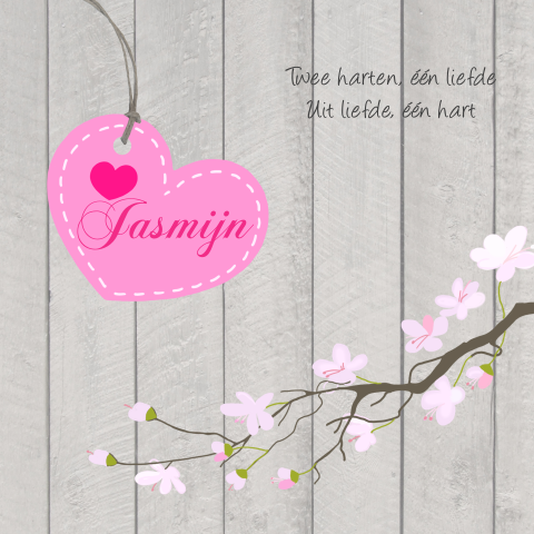Geboortekaart meisje met roze bloesem en houten planken