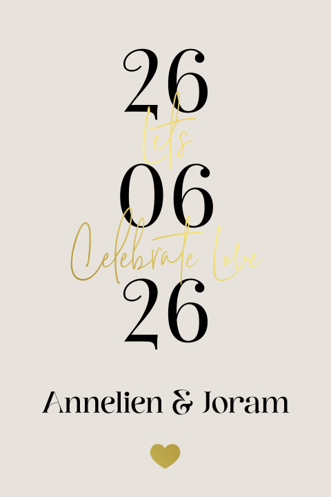 Trouwkaart minimalistisch met grote datum en goudfolie