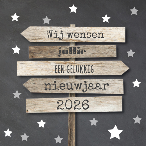 Hippe nieuwjaarskaart krijtbord wegwijs hout