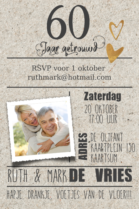 Uitnodiging 60 jaar samen met gouden details en typografie