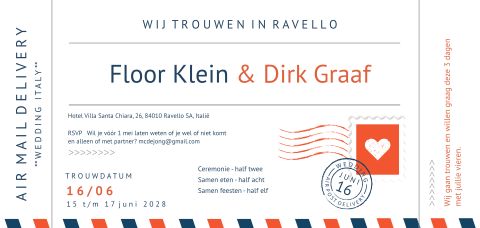 Air post ticket stijl trouwkaart