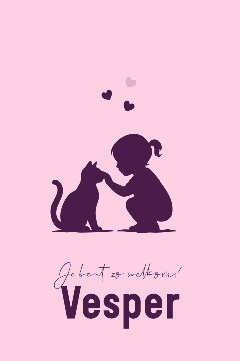 Meisjes geboortekaartje meisje met een poes silhouet tekening