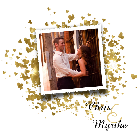 Hippe trouwkaart met gouden hartjes en foto