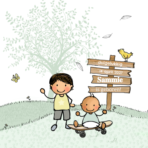 Getekend geboortekaartje jongen tweede kindje lente