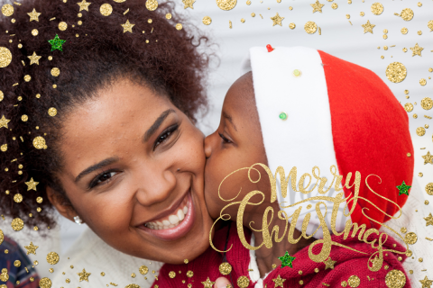 Hippe foto kerstkaart met fotokader van goud glitter