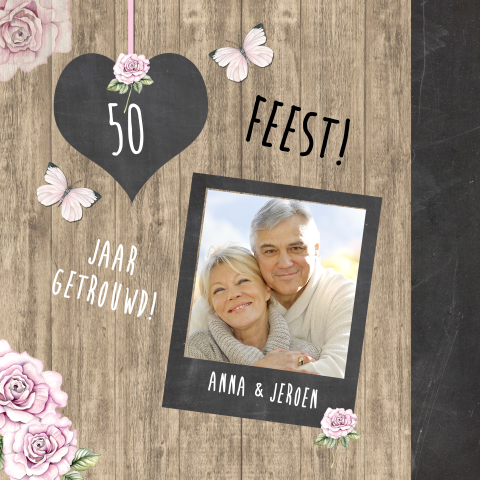 Uitnodiging jubileum 50 jaar getrouwd krijtbord en hout