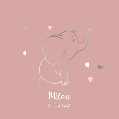 Geboortekaartje voor een meisje met olifantje in echt zilverfolie