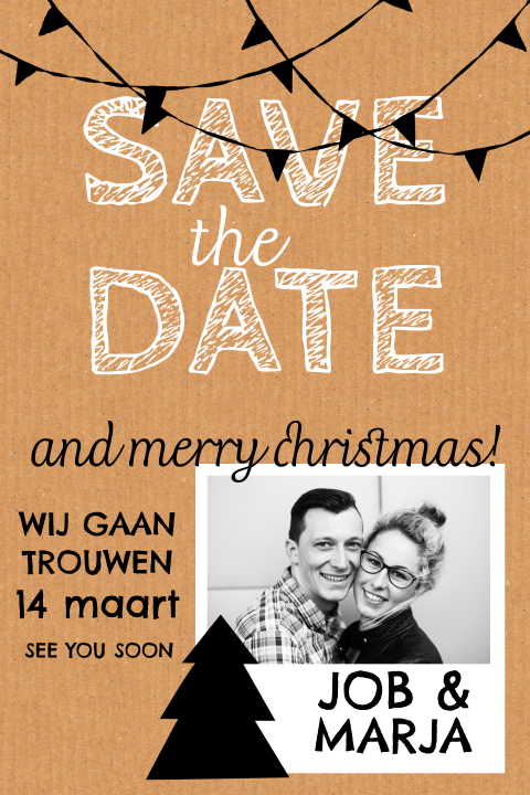 Hippe combi kerstkaart met save the date tekst