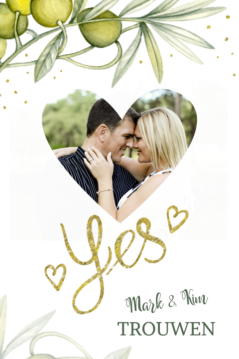 Trouwkaart olijftak in groen met gouden handettering