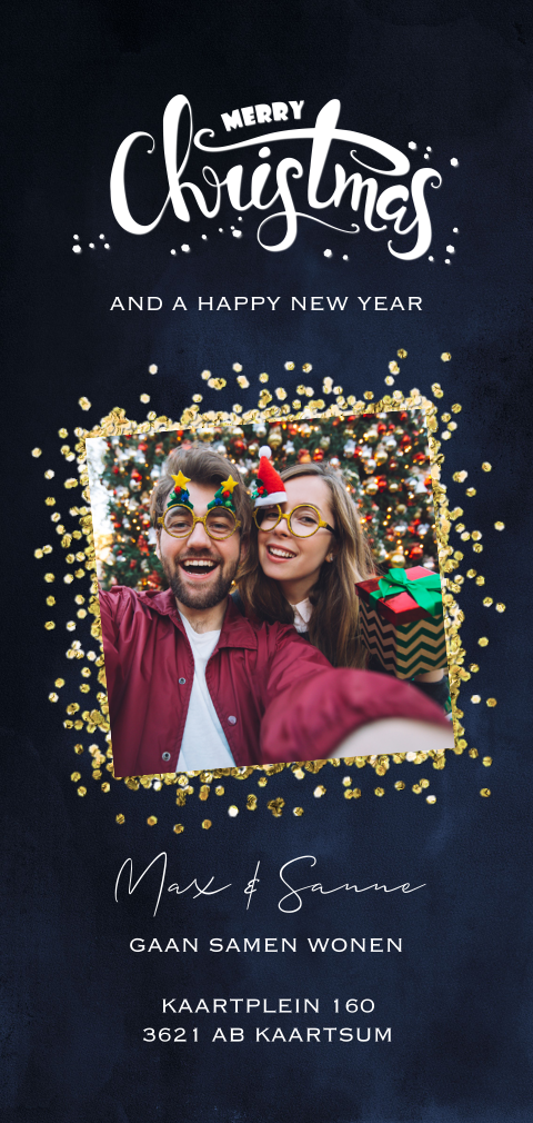 Foto kerst verhuiskaart blauw samenwonen