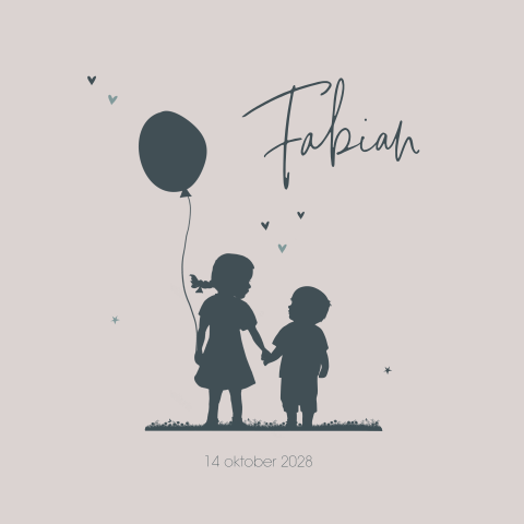 Silhouet geboortekaartje jongen met zusje en ballon tweede kindje