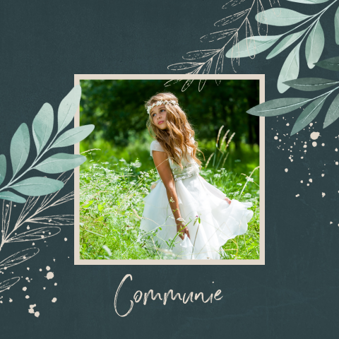 Uitnodiging eerste communie met foto en botanisch spetters