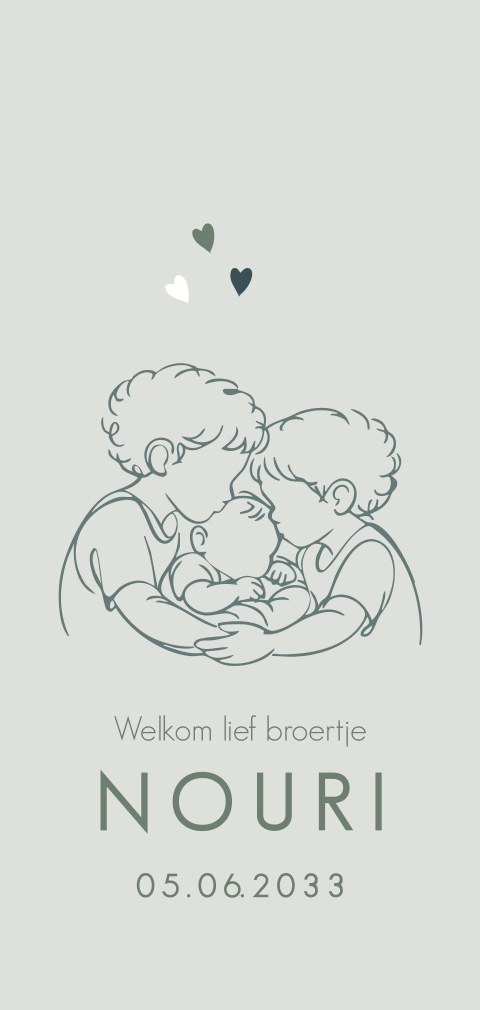 Warm geboortekaartje met grote broers en baby in lijntekening