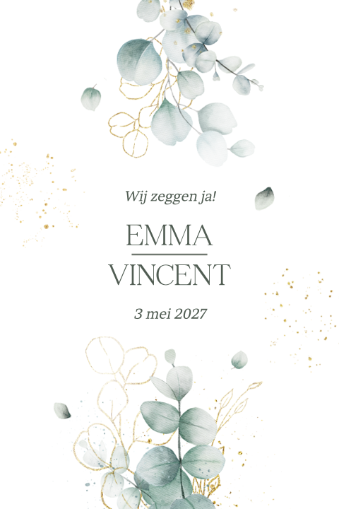 Trouwkaart met getekende eucalyptus bladeren