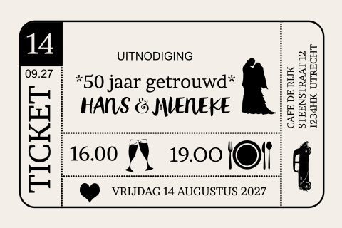 Jubileum uitnodiging ticket 50 jaar getrouwd