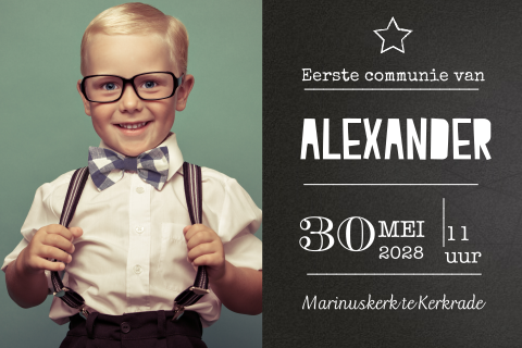 Uitnodiging eerste communie fotokaart teksten jongen krijtbord