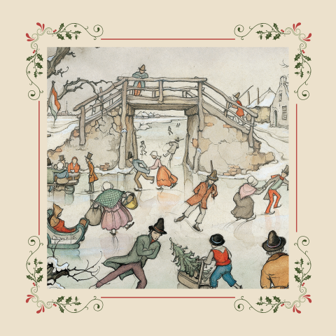 Zakelijke kerstkaart Anton Pieck sneeuwpret met kader