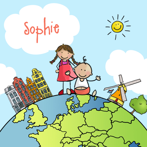 Wereldbol Geboortekaartje 2e kindje meisje met zus