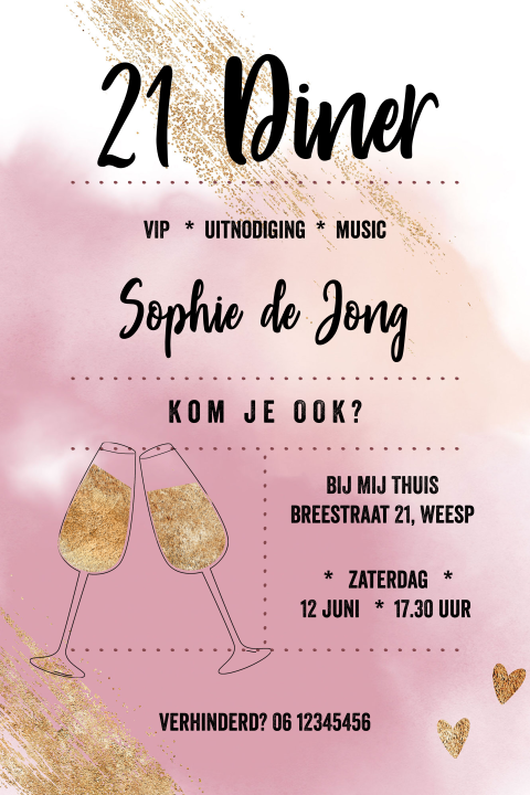 Hippe uitnodiging voor een 21 diner meisje met roze