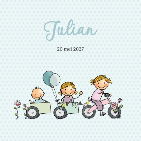 Geboortekaartje voor een jongen met twee zussen met loopfiets