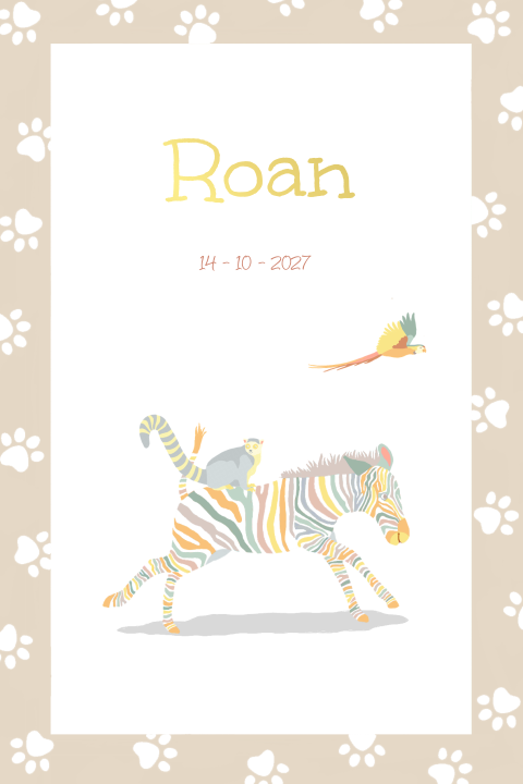 Geboortekaartje voor een jongen of meisje met aap en zebra