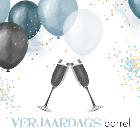 Uitnodiging verjaardag borrel met ballonnen en glazen
